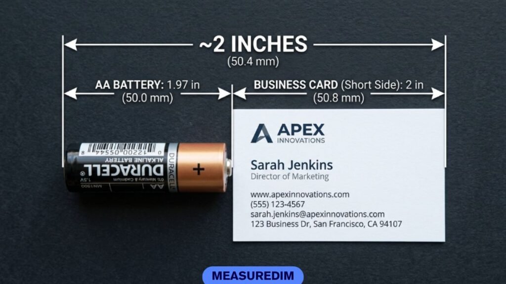 AA battery laid beside a business card